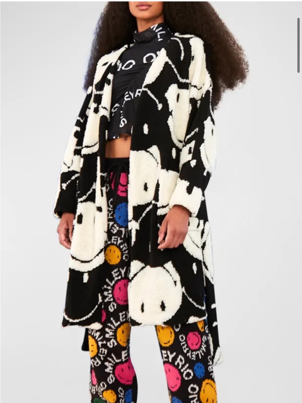 FARM Rio Black & White Teddy Coat with Graphic Smiley Detail-Size S.